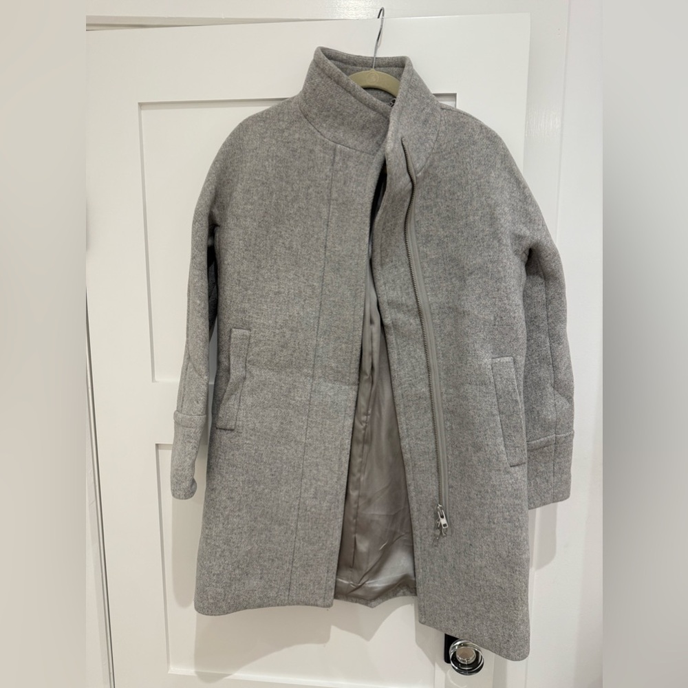 Grey wool, satin-lined, thigh-length dress coat from J. Crew.